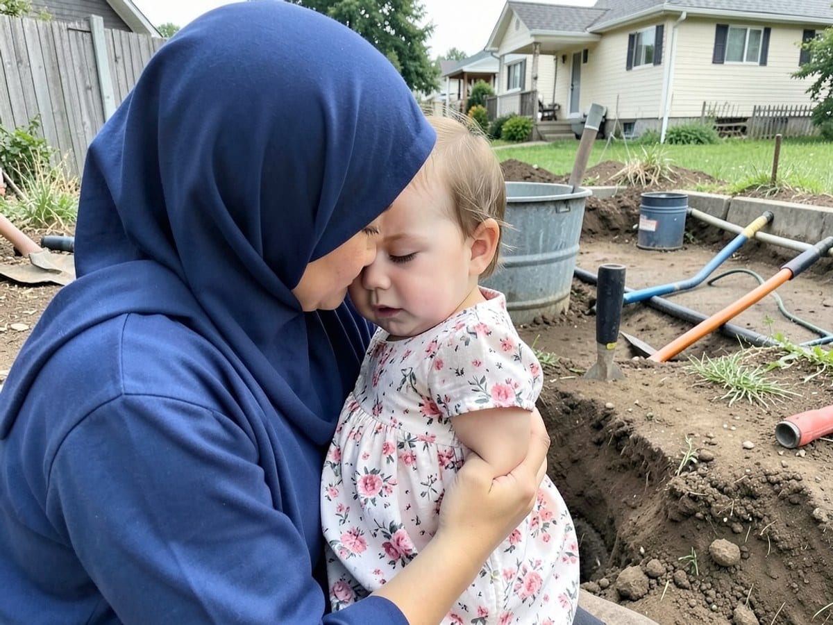 woman in a blue hijab and a baby in a floral dress share a tender moment, with the baby resting her head on the woman's face.