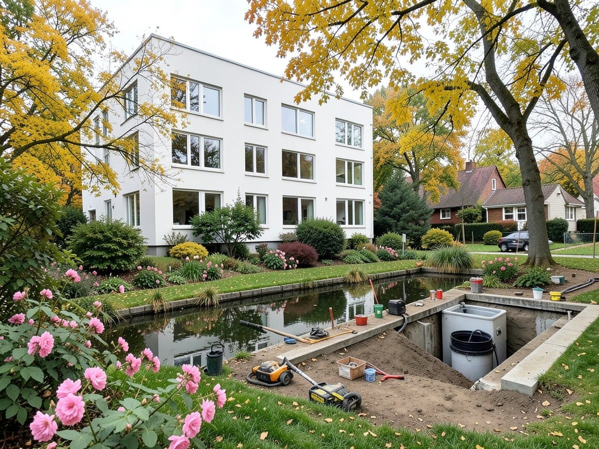 modern white building with numerous windows stands amidst a lush garden, featuring a pond and pink flowers, with trees displaying yellow foliage.