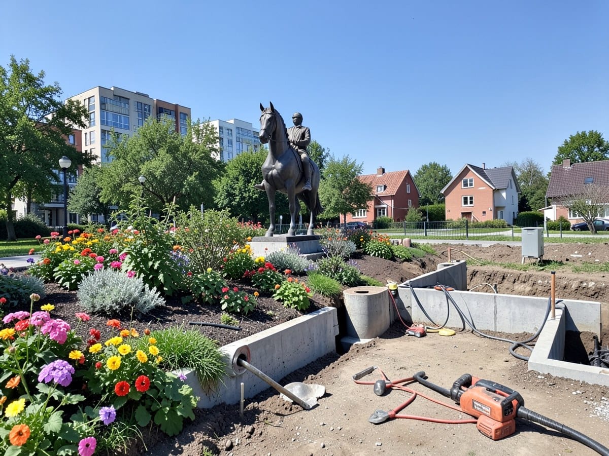 park scene features a statue of a man on a horse, surrounded by colorful flowers and greenery, with modern buildings and a clear blue sky in the background.