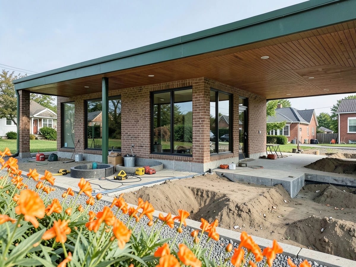 modern brick building with large glass windows, a green roof, and a covered walkway is framed by orange flowers in the foreground.