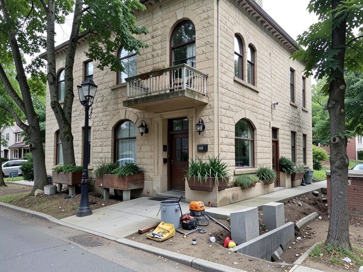 grand, beige stone building with arched windows, a balcony, and a central entrance, features planters with greenery and a lamppost along a tree-lined street.