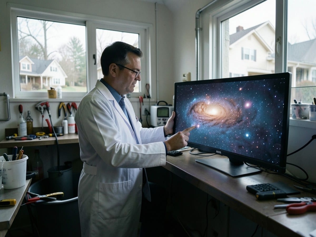 scientist in a white lab coat examines a vibrant cosmic image on a computer in a dimly lit laboratory.