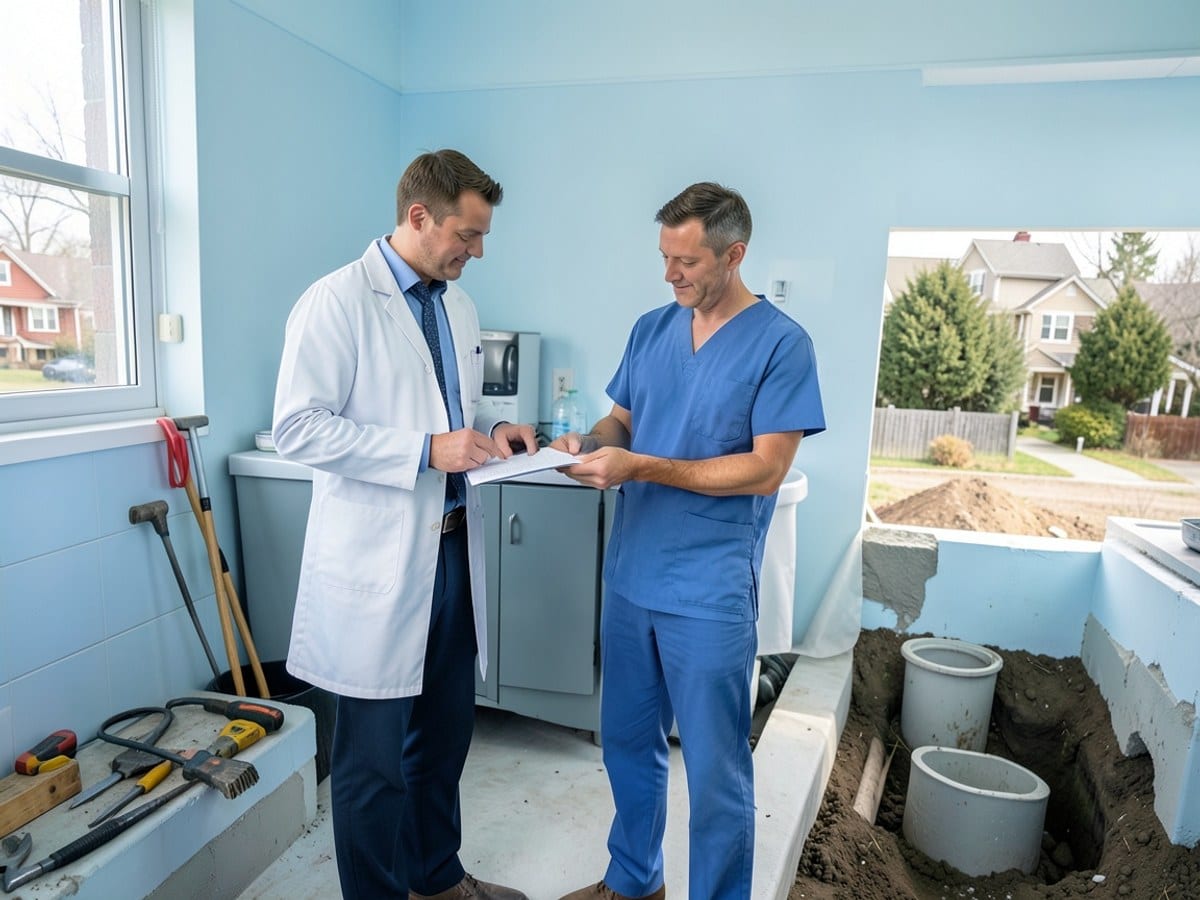 Two doctors in a white coat and blue scrub discuss a patient's medical history in a light blue clinic room.