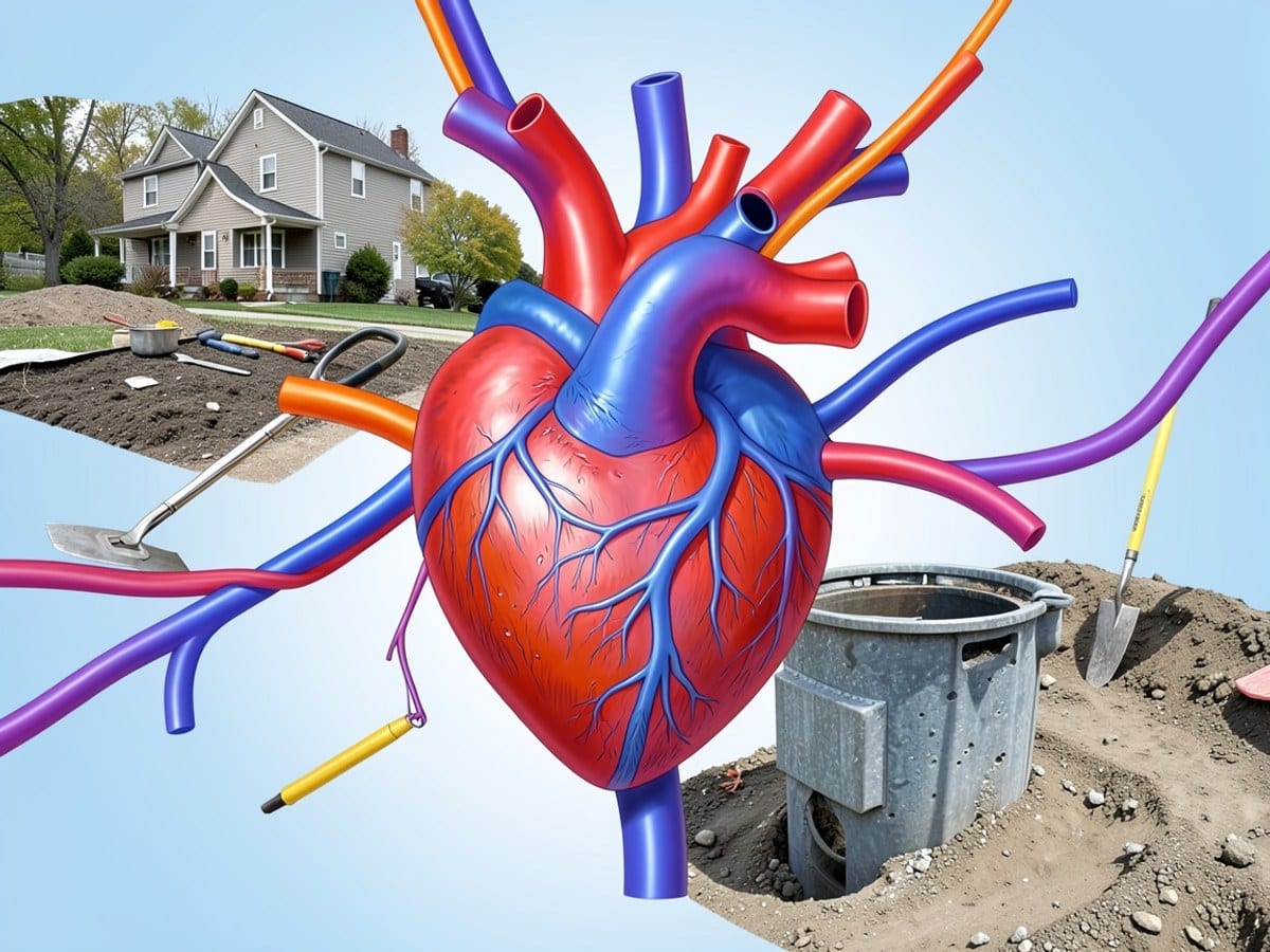 detailed illustration of a heart, rendered in red and blue, is connected to purple and blue vessels via orange and purple fibers, set against a light blue gradient backdrop.