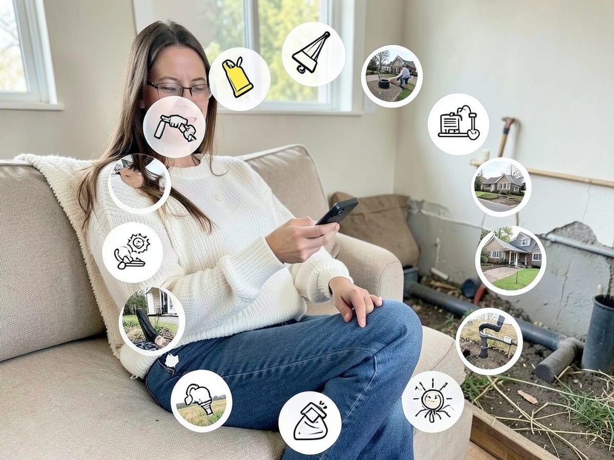 woman, dressed in a white sweater and blue jeans, engages with her phone while seated on a beige couch, with a circular arrangement of care icons surrounding her.