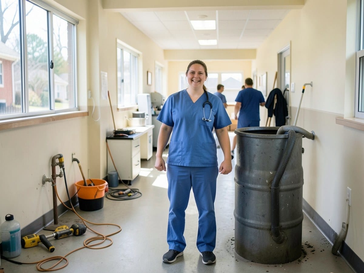 doctor in blue scrubs and a patient in scrubs in a hospital hallway, holding hands and smiling.