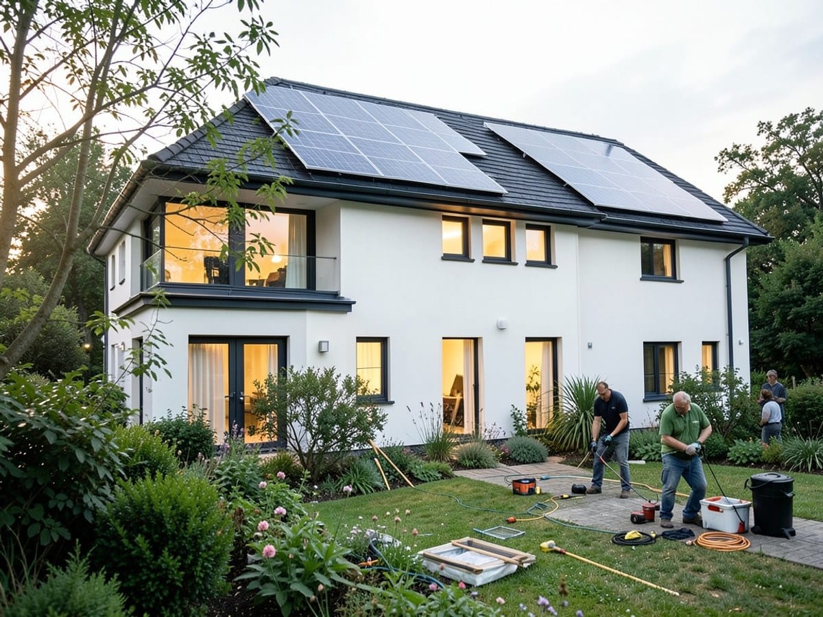 modern white house with a black roof and solar panels is surrounded by a lush garden, with a soft glow from the windows and a gentle breeze.