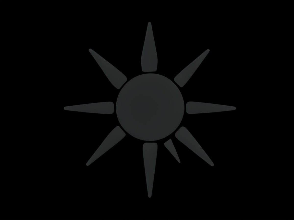 minimalist, flat design of a sun with rays on a black background, rendered in a dark gray or black color.