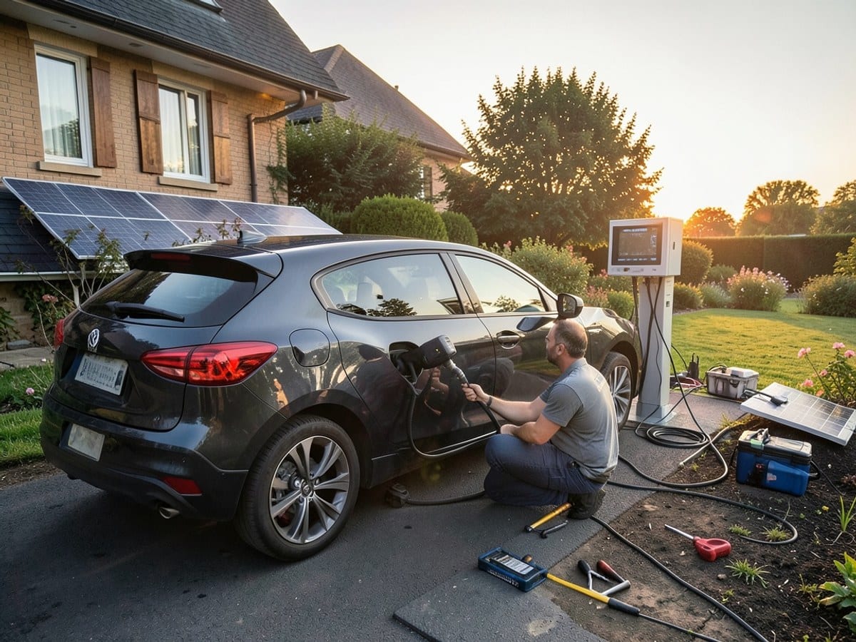 man connects an electric vehicle to a charging station on a driveway, with a house and garden in the background and warm sunset lights.