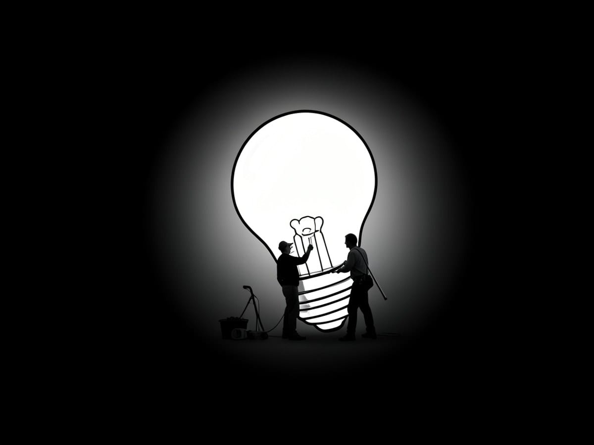 minimalist black and white illustration of a light bulb, slightly tilted, casts a soft glow against a stark black background.