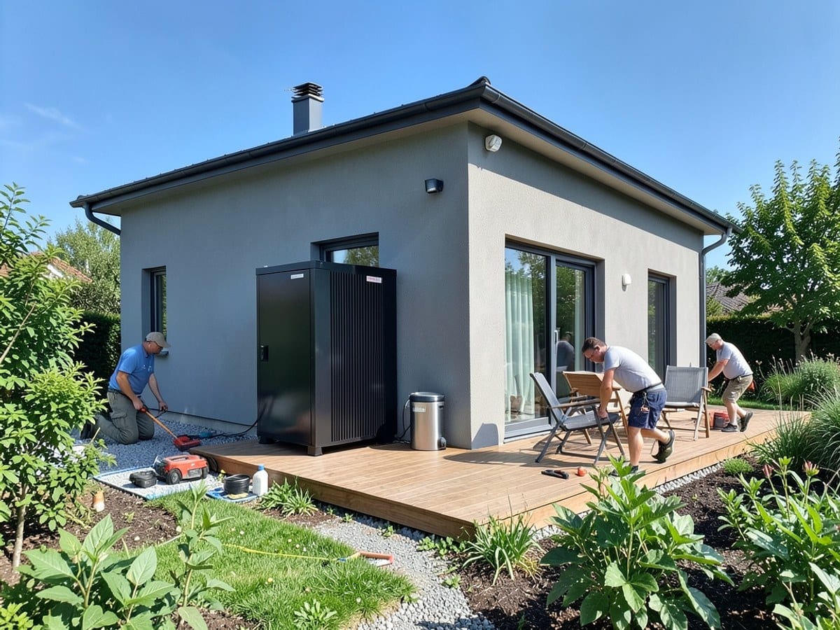modern gray house with a sleek black energy storage system and a wooden patio with seating is surrounded by a lush garden under a clear blue sky.
