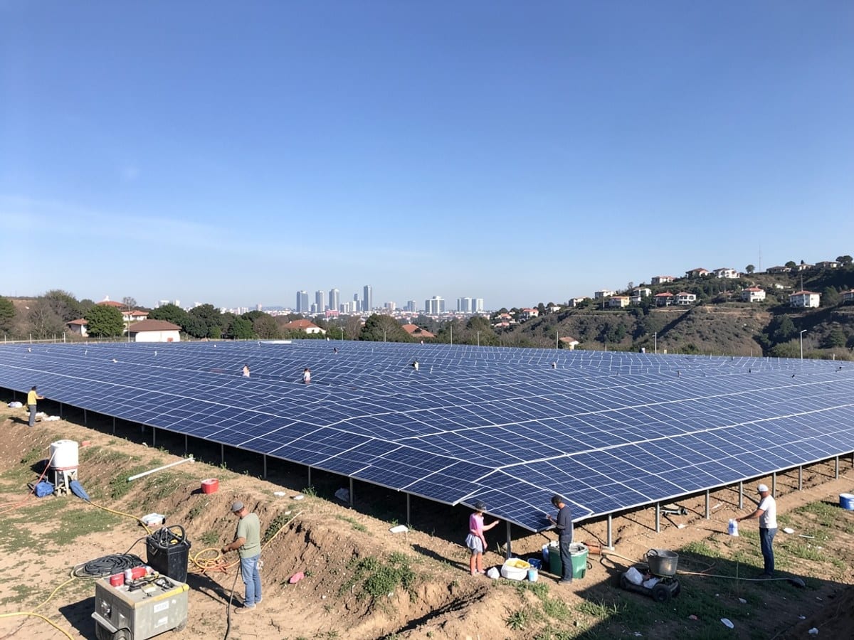 large solar farm with panels arranged in rows covers a hilly terrain, contrasting with the clear blue sky and backed by the city skyline.