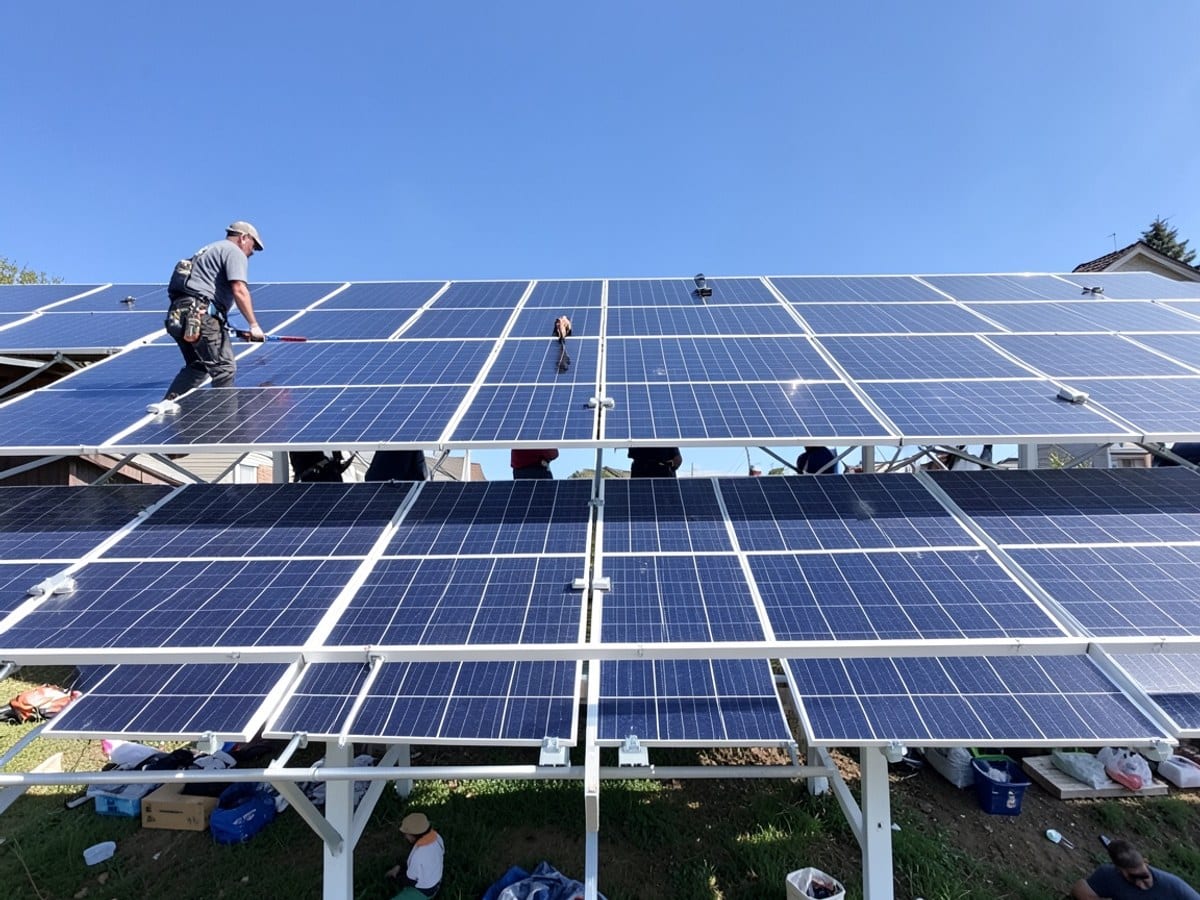 solar panel array under a blue sky, viewed from below, features rows of rectangular panels arranged in a grid, with white frames and metallic connections.