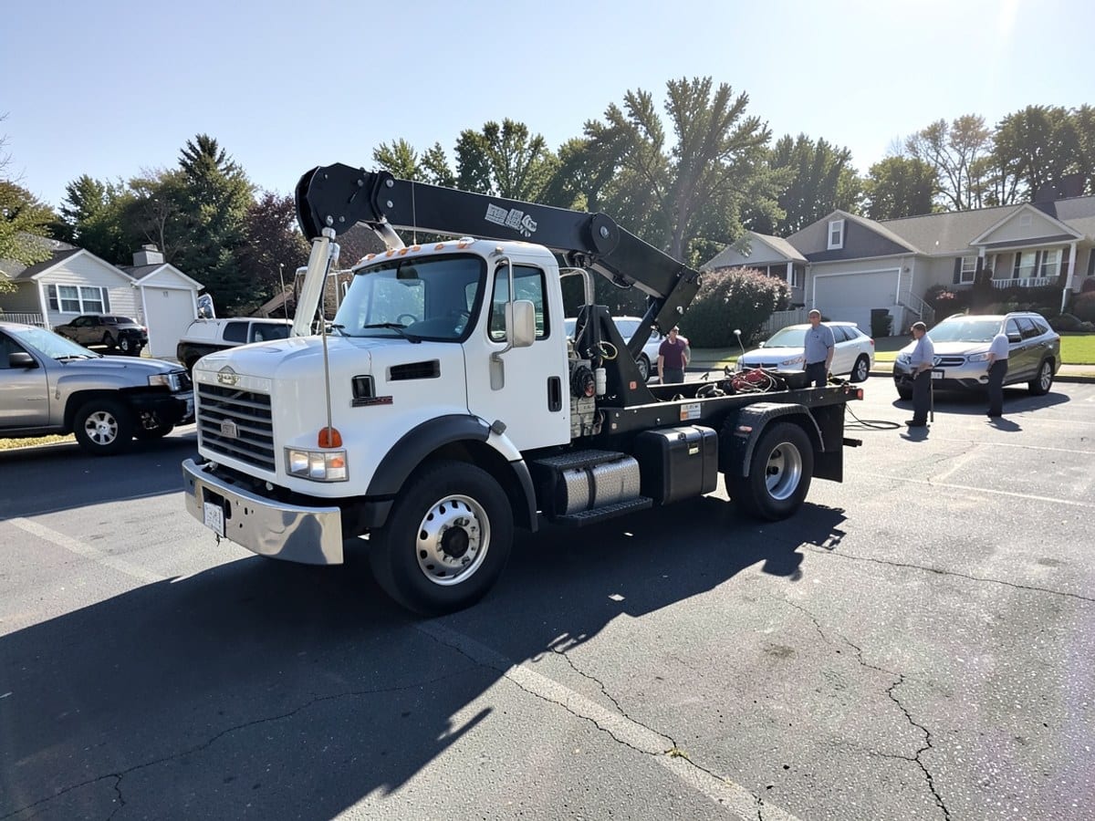 white tow truck with a black crane arm is parked in a sunlit parking lot, casting a shadow on the asphalt.