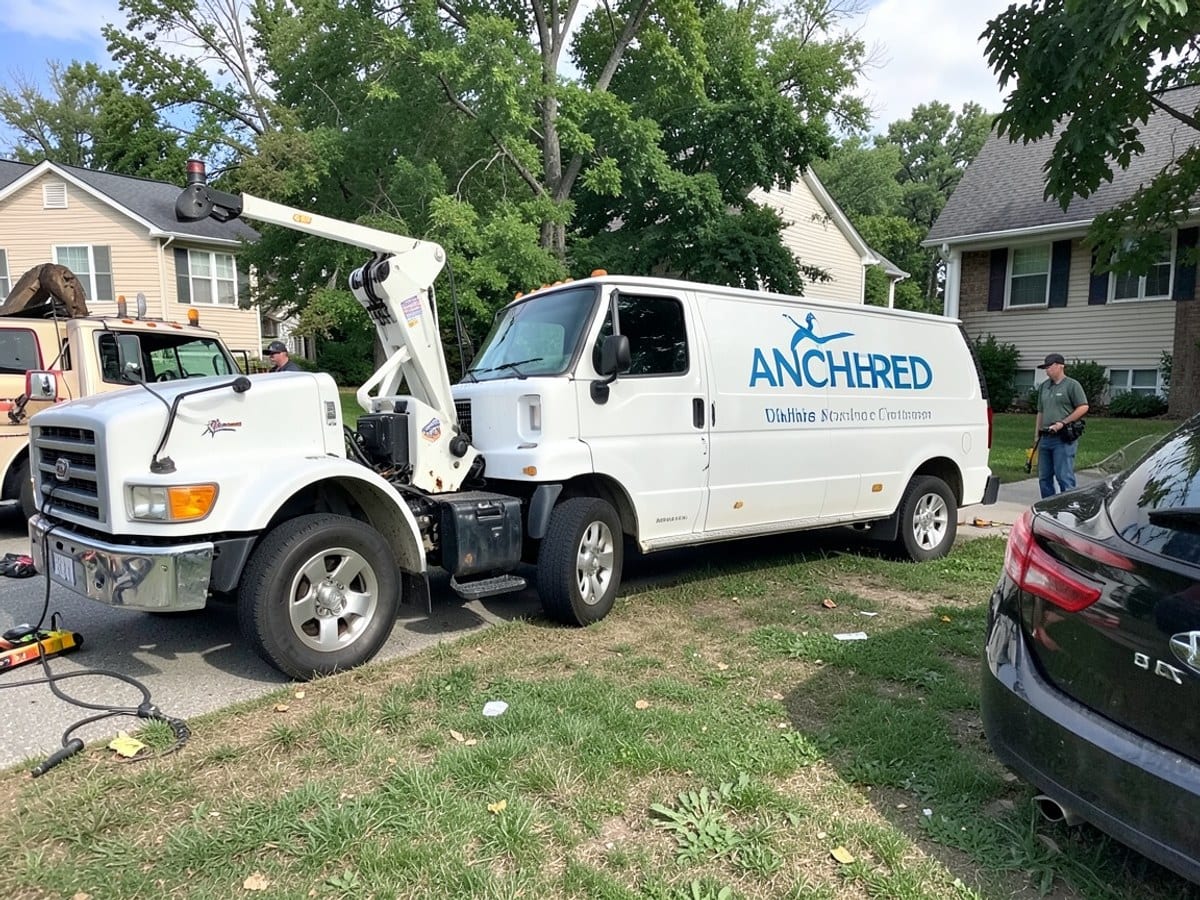 white tow truck lifts a white van, marked with the client's branding and "ANCHORED," onto a grassy area, with a black car parked nearby and a house in the background.