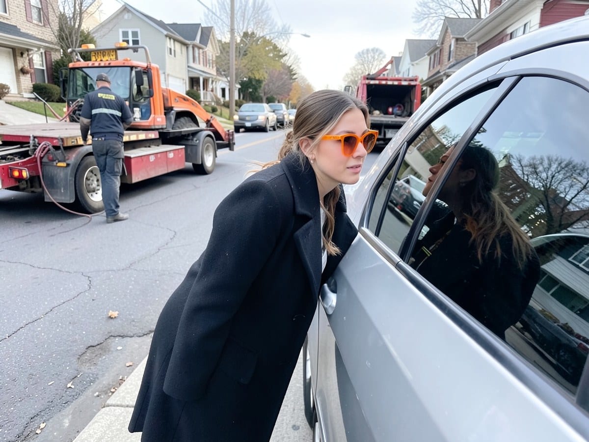 woman in a black coat and orange sunglasses leans into a silver car on a city street, her gaze fixed on the rear window.