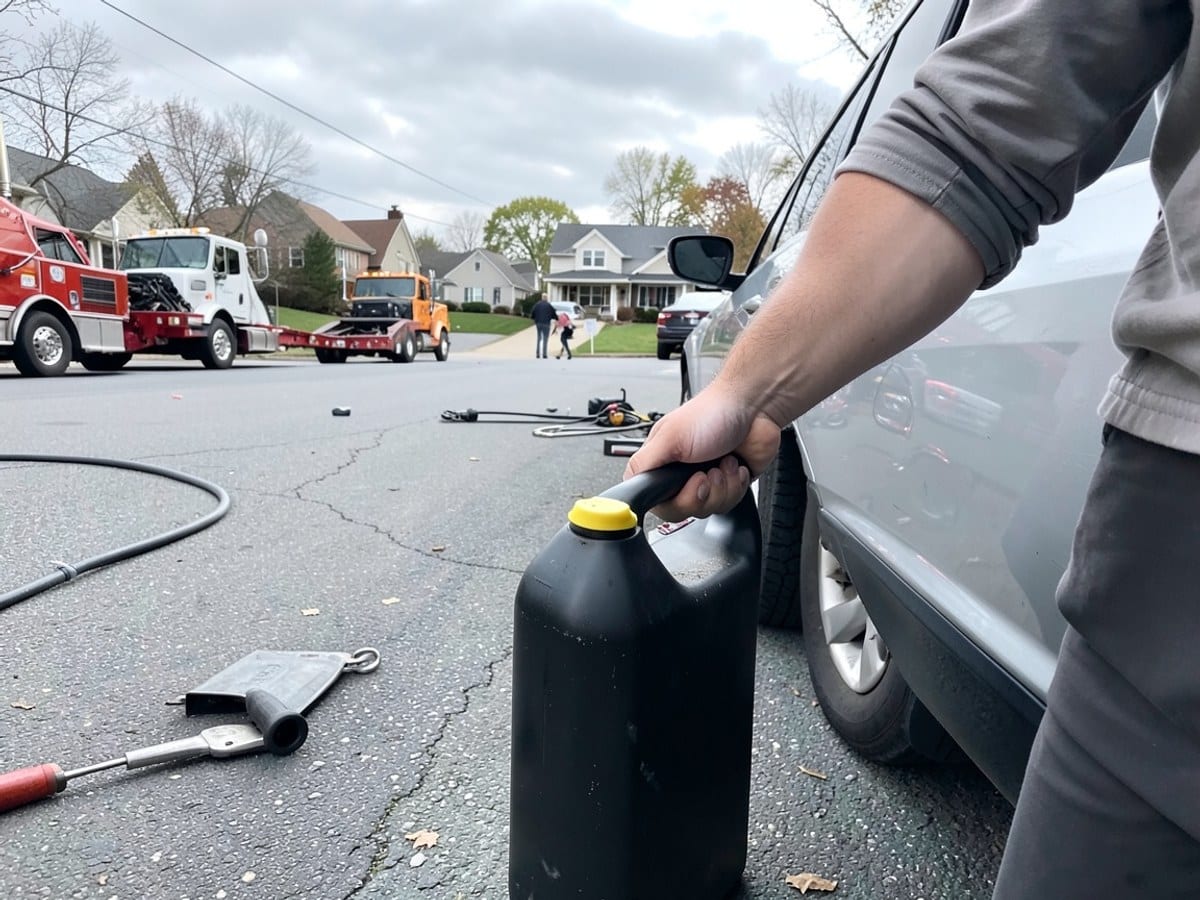 person fills a black gas can with a yellow spout, gripping the handle with one hand, while standing near a silver car on an asphalt road.