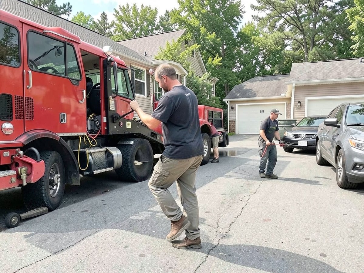 Two white tow trucks with blue logos and visible brake calipers are parked side by side on a residential street, with houses and power lines in the background.