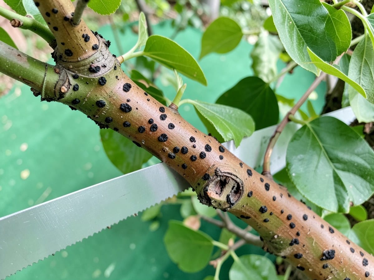 tree branch with green leaves and a brown stem, marked with black spots, features a silver saw cutting through it on a green background.