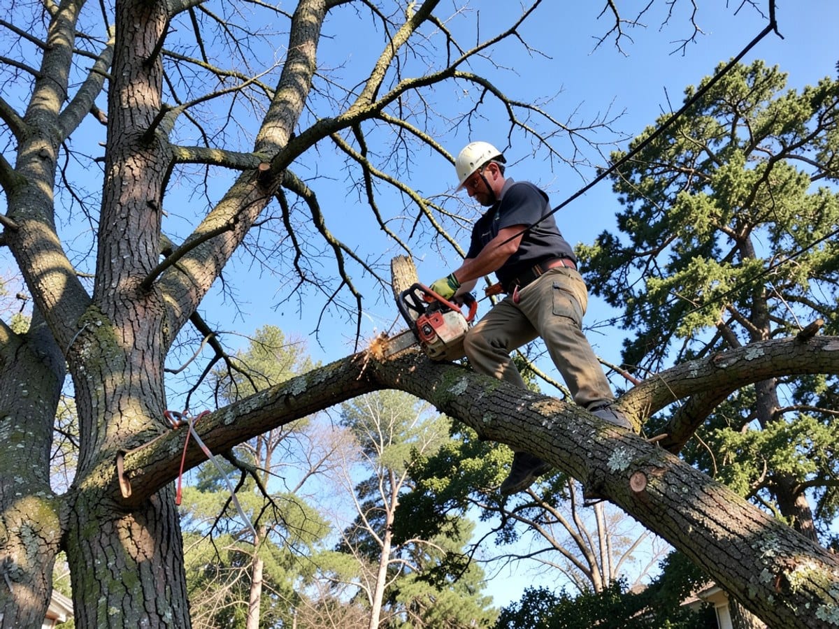 tree surgeon, dressed in safety gear, wields a chainsaw while perched on a high tree branch, actively cutting amidst a backdrop of other trees and a clear blue sky.