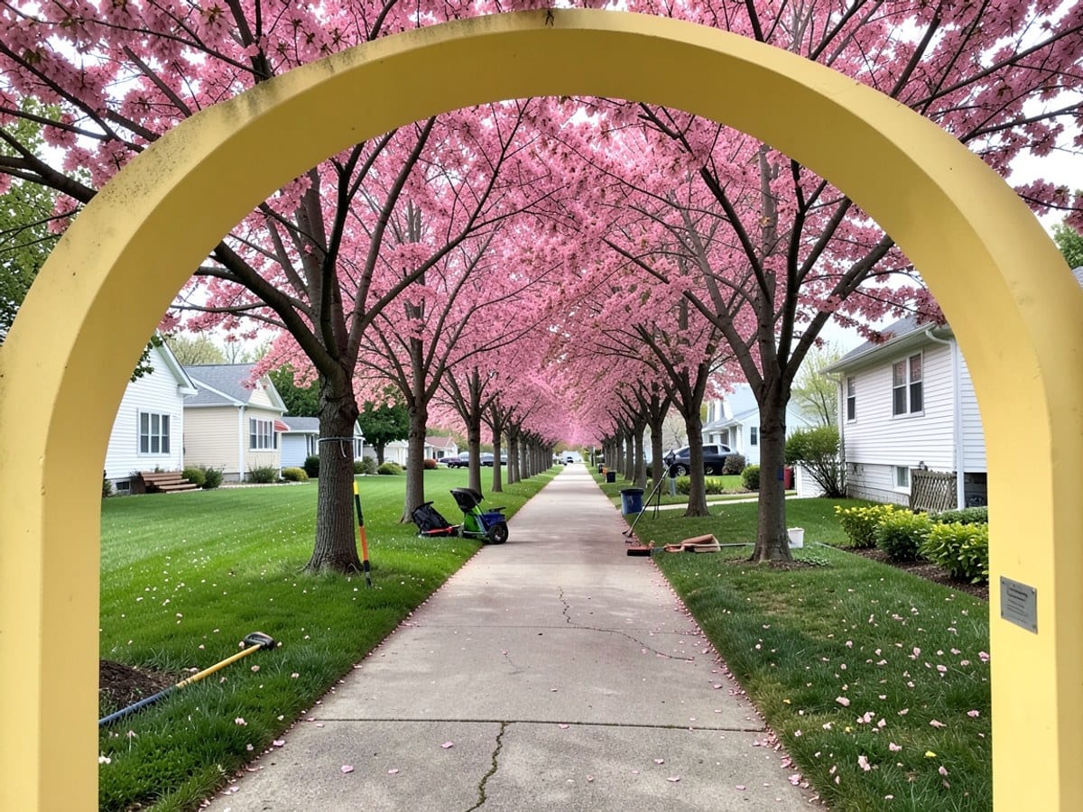 yellow archway frames a serene, pink-flowered tree-lined sidewalk, guiding the viewer's eye through a lush green lawn and white house.
