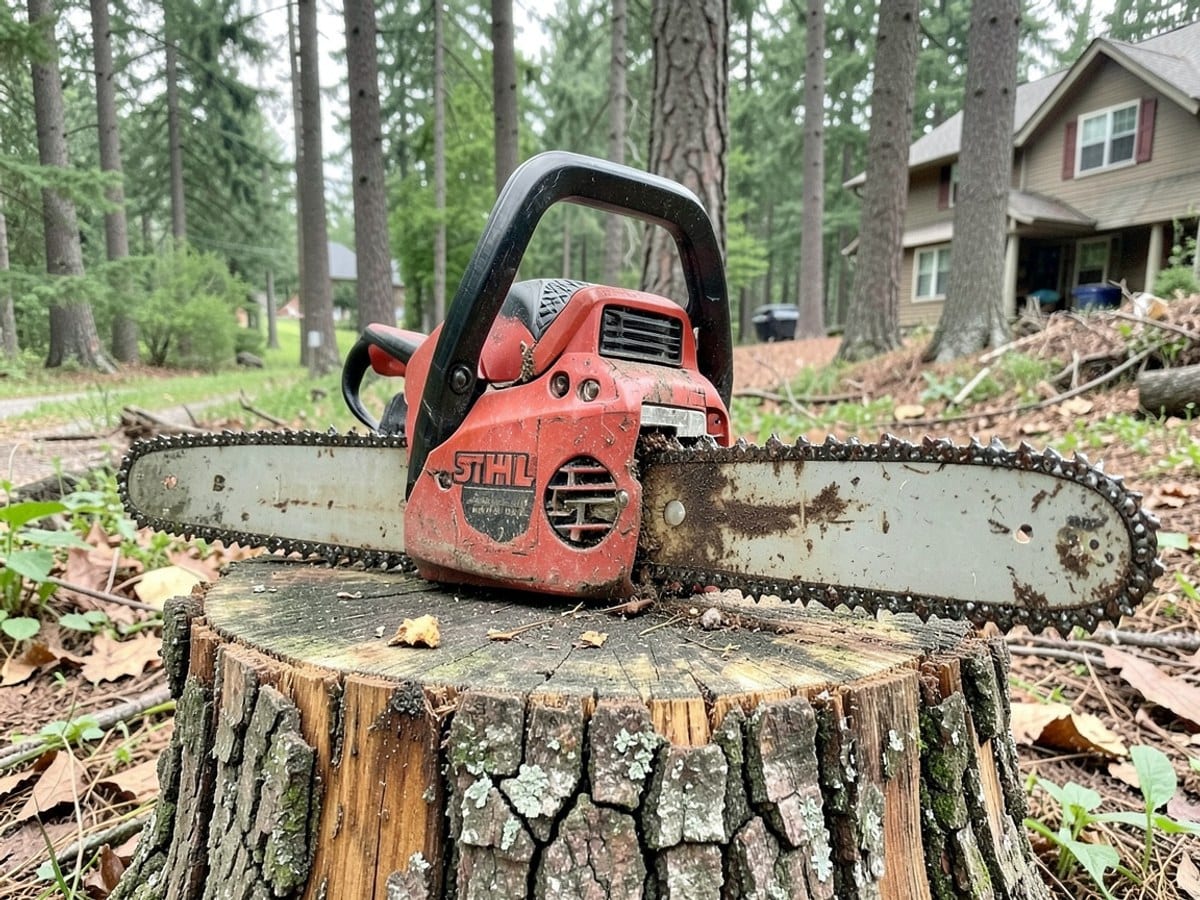 Stihl chainsaw, with a dirty cutting blade and visible brand name, rests on a tree stump in a forest setting.