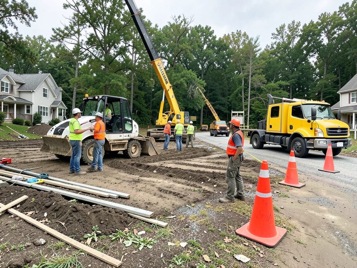 residential construction site features workers in safety gear, a white bulldozer, a yellow crane, and a yellow truck, with orange traffic cones directing traffic.