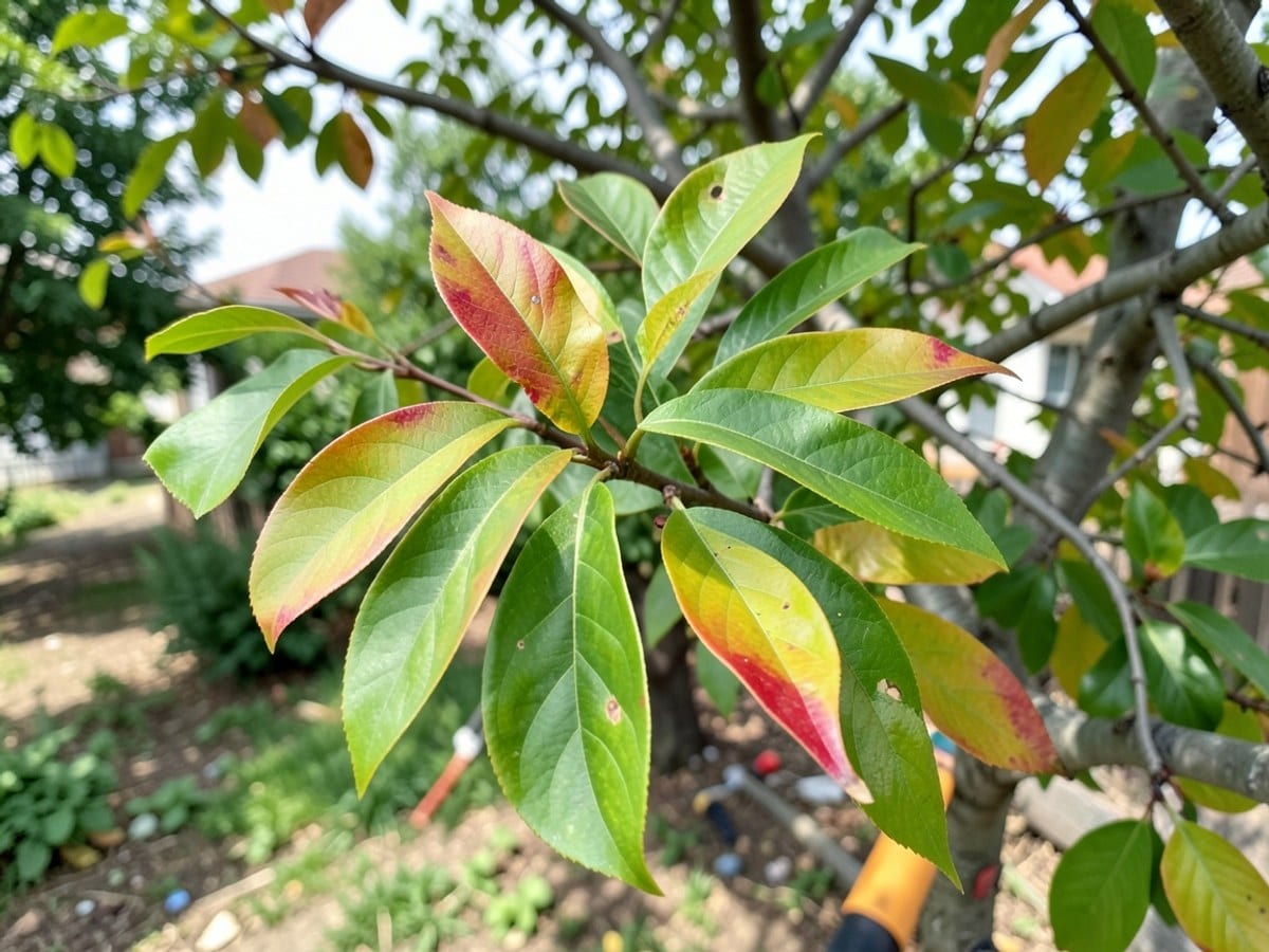 close-up view of a tree branch displays vibrant green leaves with red and orange highlights, arranged in a spiral pattern.