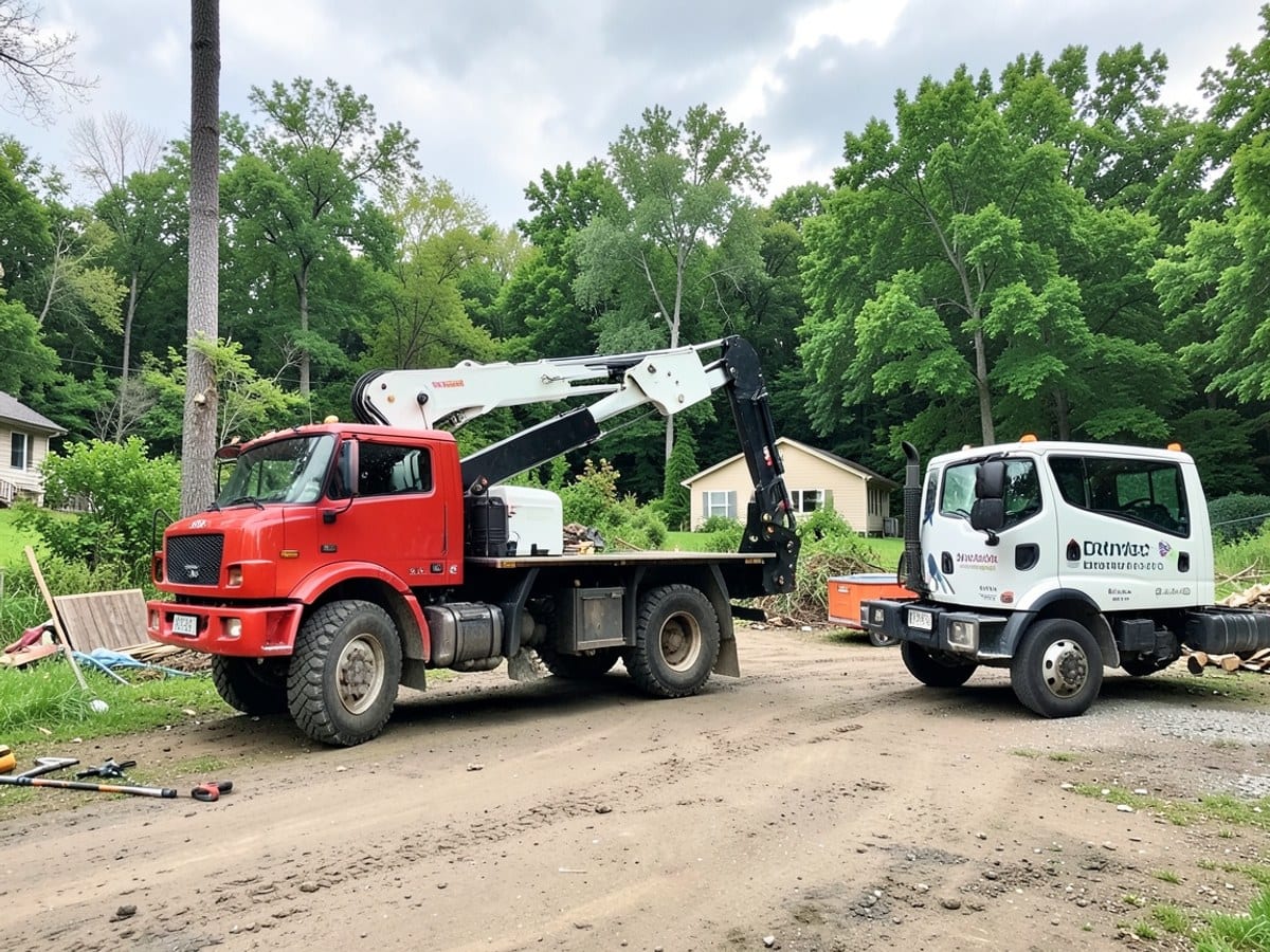 red crane truck with a white crane and black boom is parked on a dirt lot, accompanied by a white truck with the client's branding and a lush green landscape.