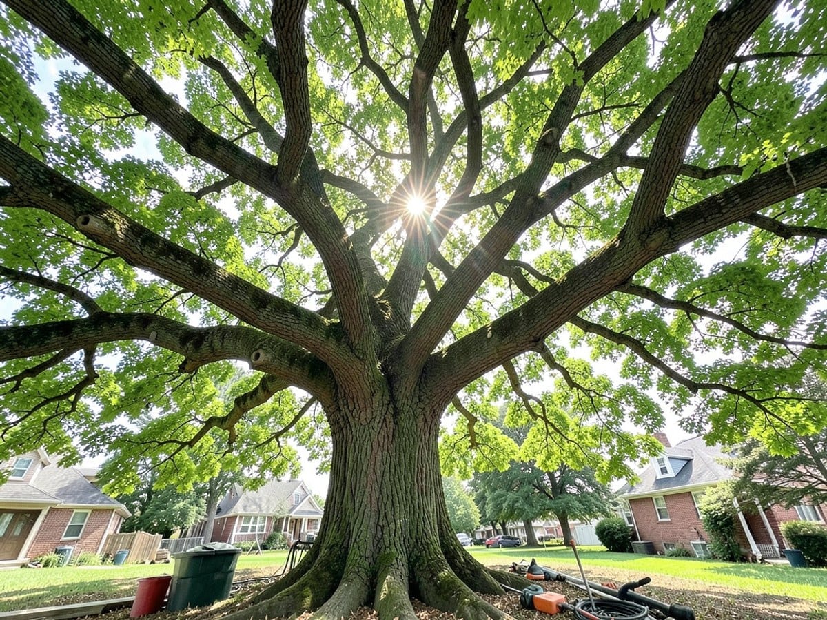 majestic tree with a thick trunk and numerous branches extends outwards, displaying a canopy of bright green leaves and a sunburst effect.