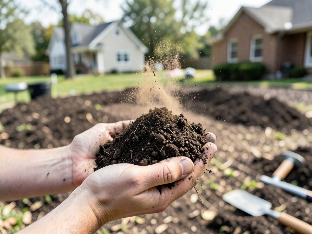 D hands hold a pile of dark brown compost, releasing light brown dust, with a blurred background.