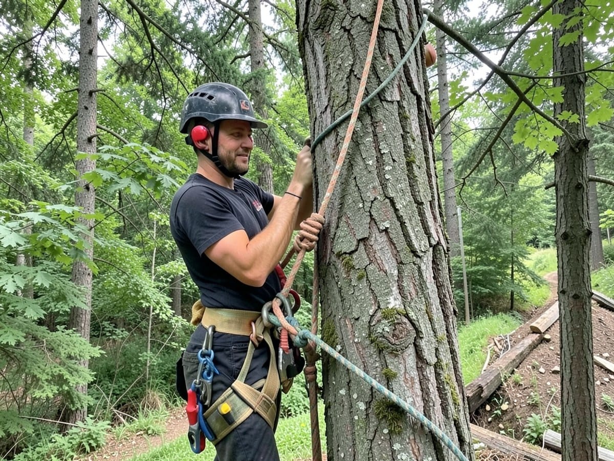 person, secured by a harness and ropes, climbs a tree in a verdant forest, wearing a black helmet with a safety harness and red ear protection.