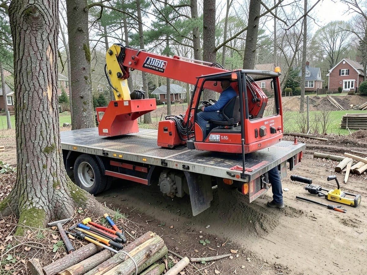 person in a blue jacket, with the client's branding operates a red crane truck with a yellow arm on a flatbed trailer in a construction site.