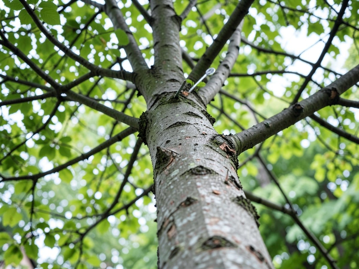 tree trunk extends upwards, revealing green leaves and a network of branches against a blurred green background.