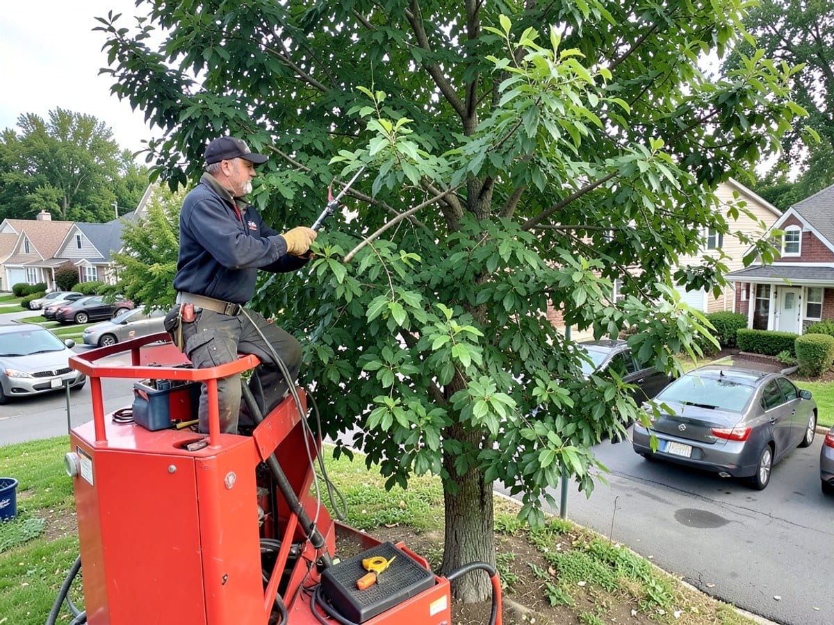tree surgeon, perched on a red cherry picker, trims a lush green tree in a residential neighborhood surrounded by houses and parked cars.