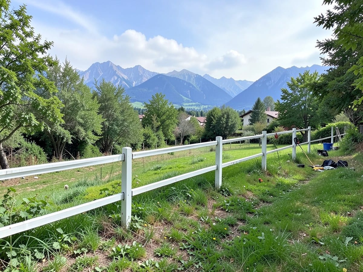white fence runs parallel to a grassy field, bordered by trees and shrubs, with majestic mountains visible in the distance.