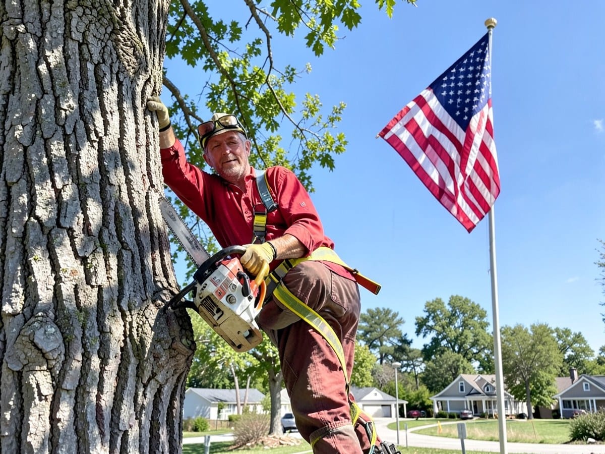 man in a red shirt and safety harness works on a tree while holding a chainsaw, with an American flag and clear blue sky in the background.