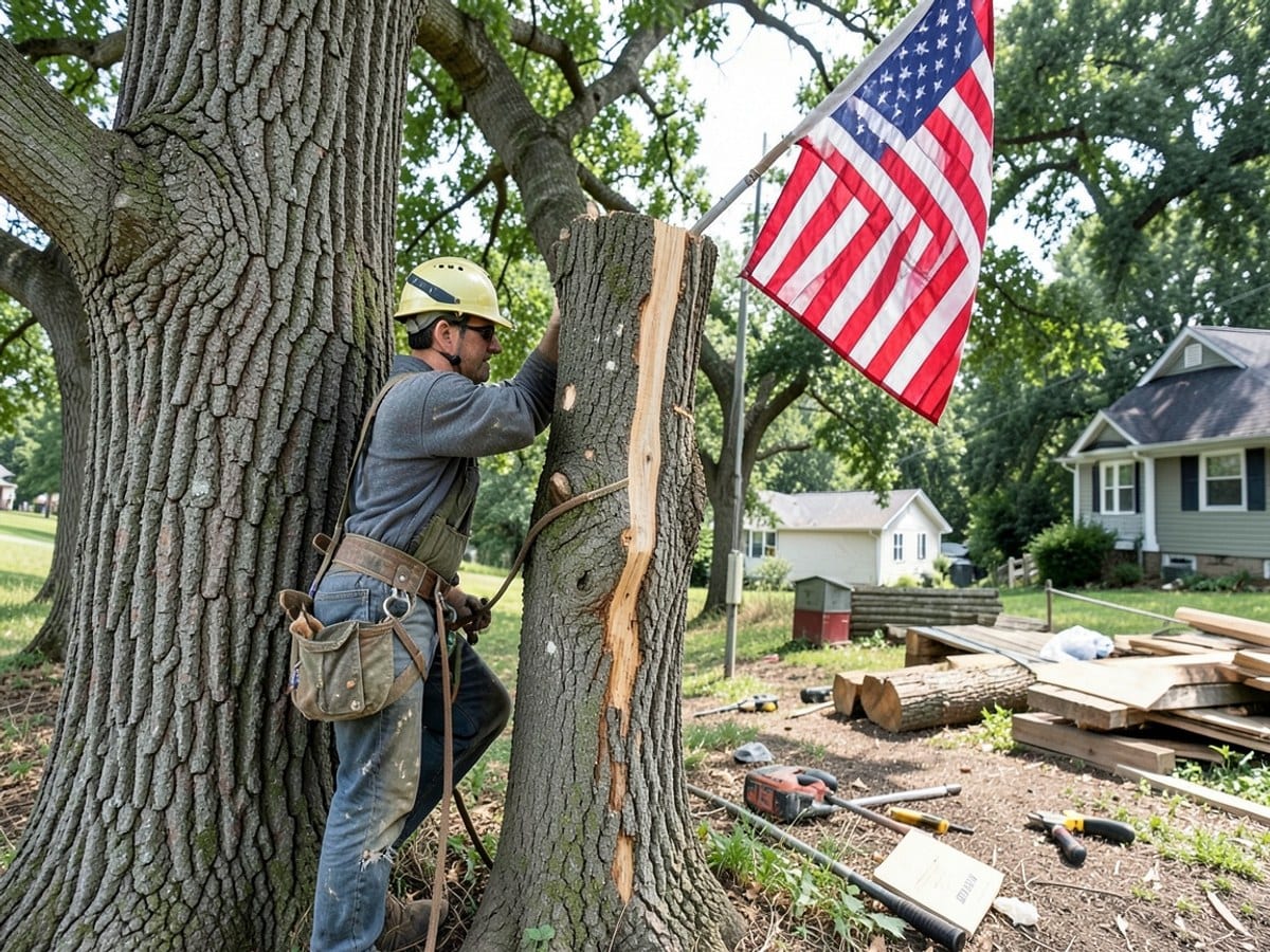 tree surgeon, harnessed and helmeted, prepares to cut down a tree while an American flag flutters in the background.