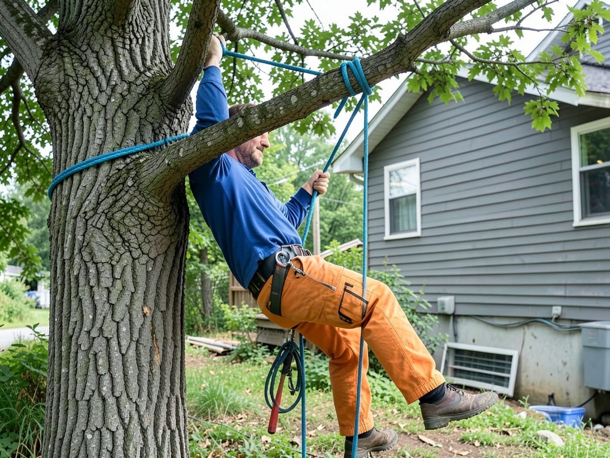 man in a blue shirt and orange pants hangs from a tree branch, secured by a blue rope, with a gray house and greenery in the background.