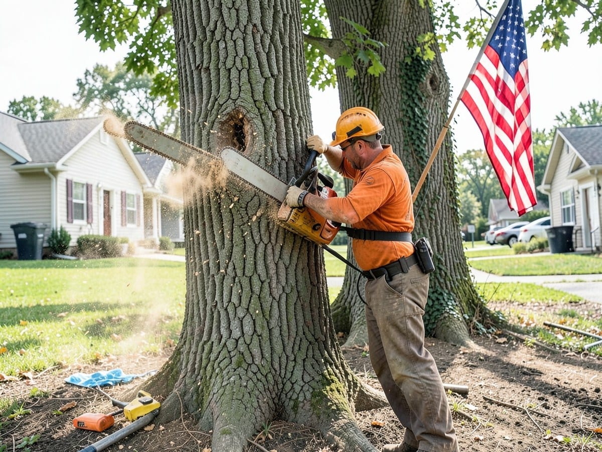 man in a orange shirt and helmet trims a tall tree in a suburban neighborhood, using a chainsaw and releasing sawdust, with an American flag in the background.