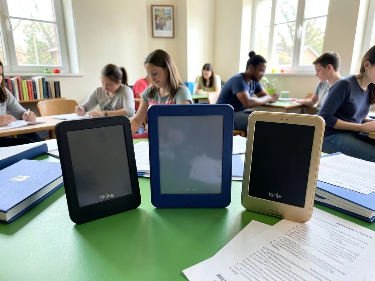 Three Kindle e-readers in black, blue, and black and gold cases are arranged on a green surface with blue books and scattered papers.