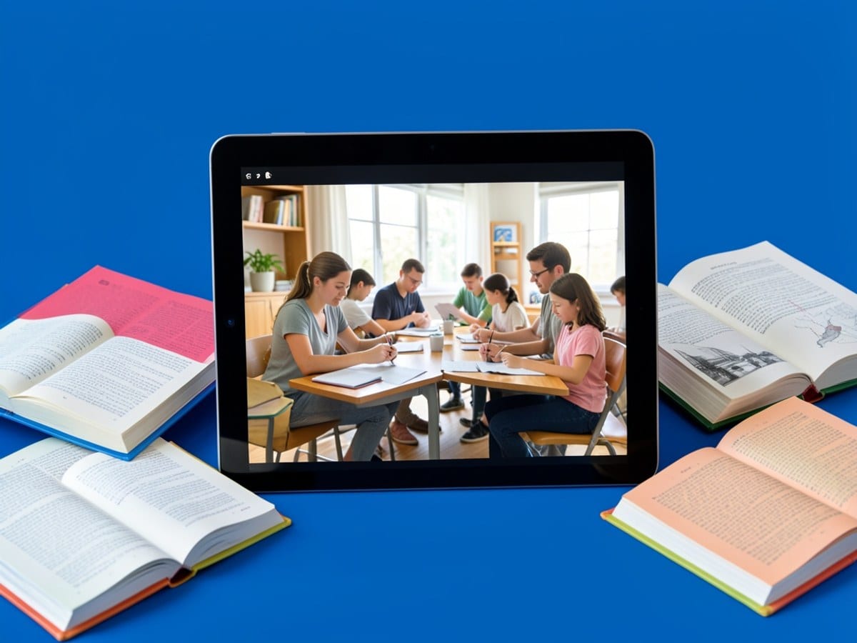 tablet device surrounded by scattered open books in various colors, set against a solid blue background.