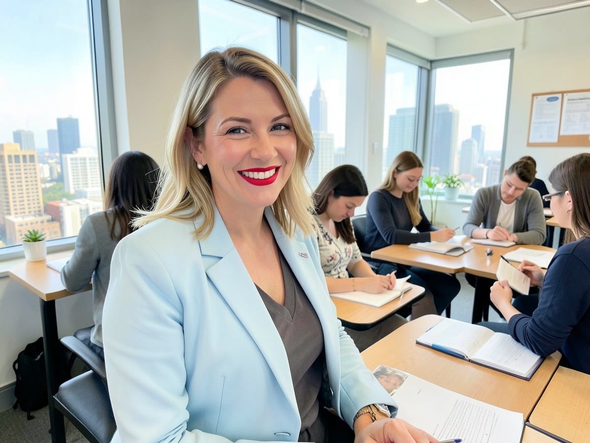 woman with blonde hair and red lipstick, dressed in a light blue blazer, smiles warmly in a modern office with a city skyline view.