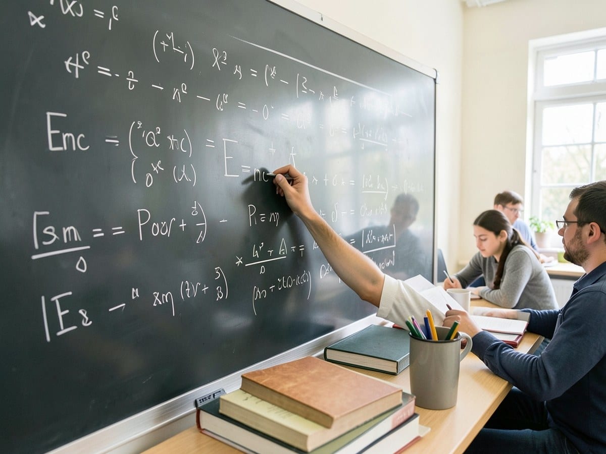 hand writes the equation E=mc on a blackboard, surrounded by mathematical formulas and equations, with a stack of books and a cup of pens nearby.