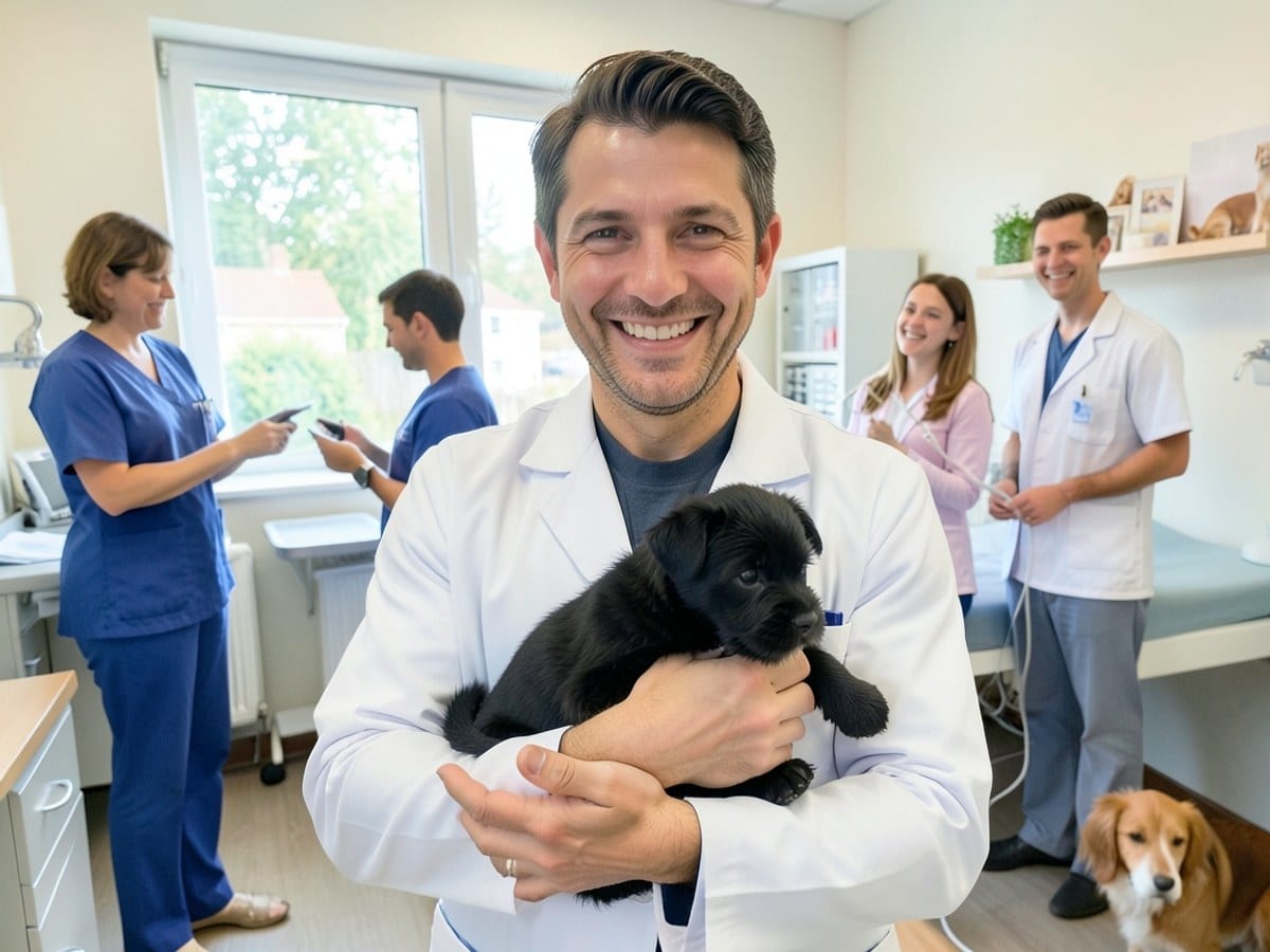 male veterinarian in a white coat smiles warmly at the camera, while cradling a small black puppy in a medical office.
