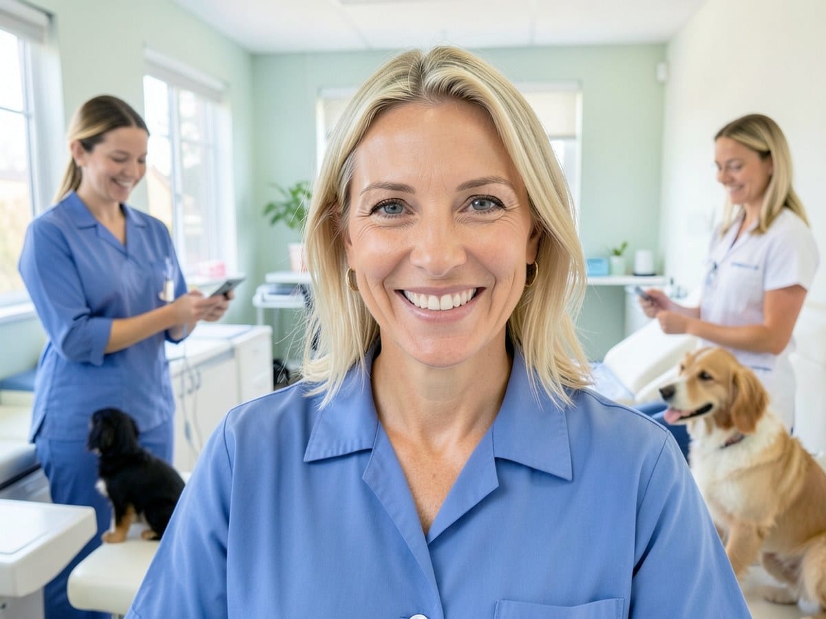 woman with blonde hair and a blue shirt smiles warmly at the camera, engaging the viewer with a direct gaze.