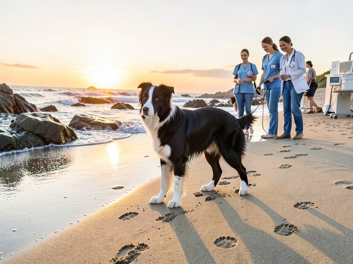 Border Collie stands confidently on a wet sandy beach, leaving paw prints as the sun sets behind rocks and waves.