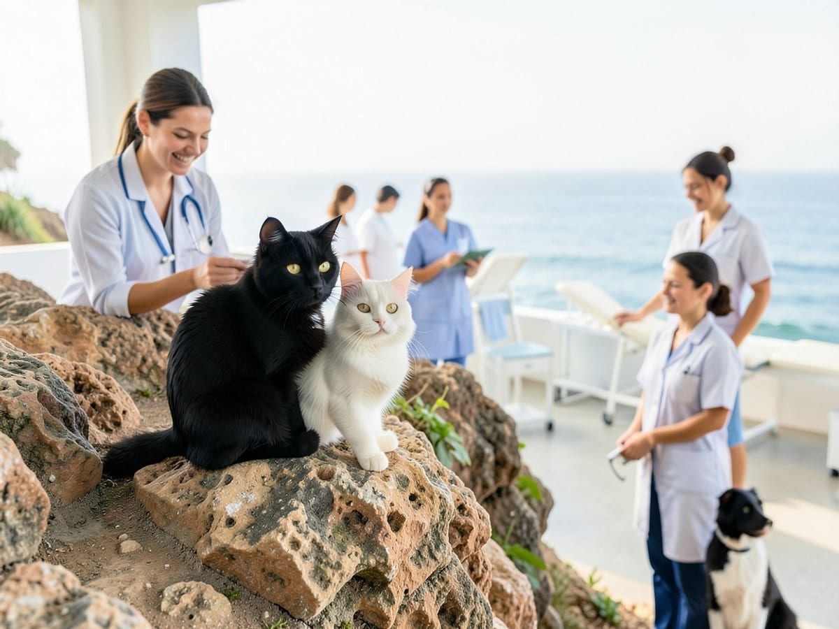 Two cats, one black and one white, perch on a rocky cliff, contrasting with the rough terrain and facing the camera or towards the ocean.