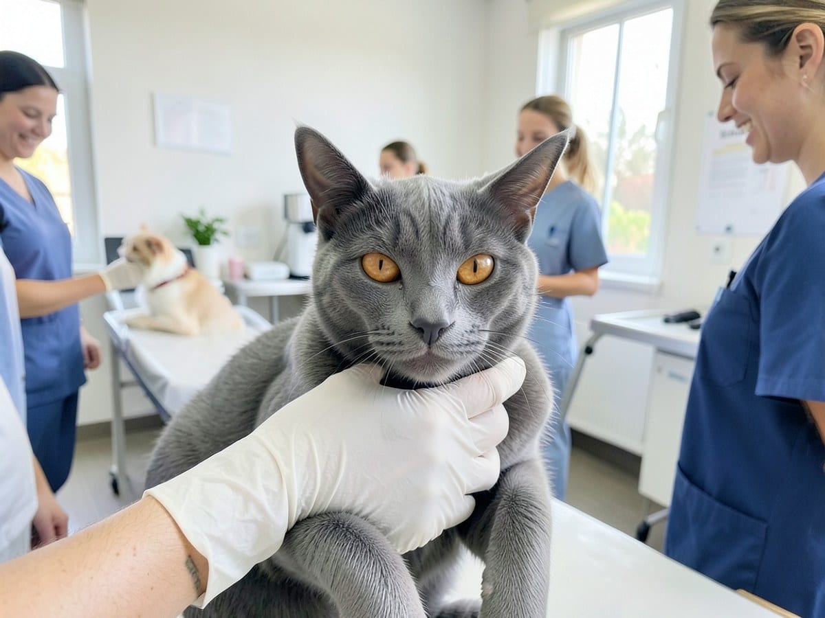 gray cat with orange eyes is gently held in a gloved hand, suggesting a veterinary examination or care routine.
