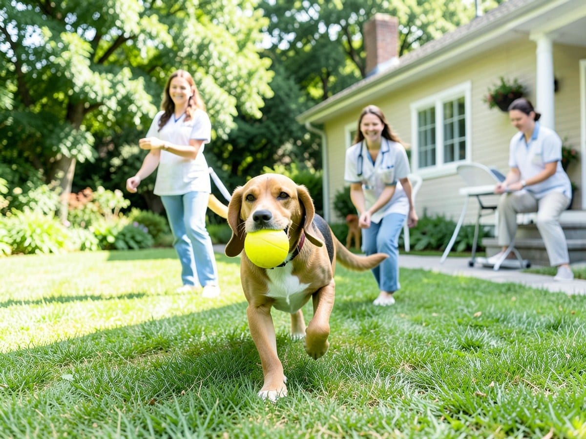 beagle dog runs on a green lawn, holding a bright yellow ball in its mouth, with a house and trees in the background.